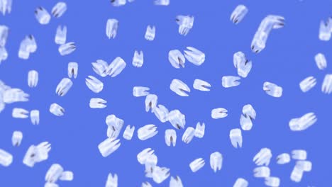volando muchos dientes blancos sobre un fondo azul. concepto de cuidado dental. animación 3d de la rotación de los dientes. animación de bucle.