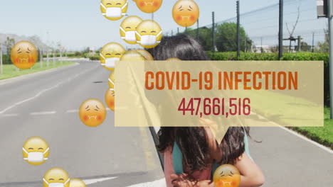 animación de números de infección por covid-19 y emojis con escolares enmascarados cruzando la carretera