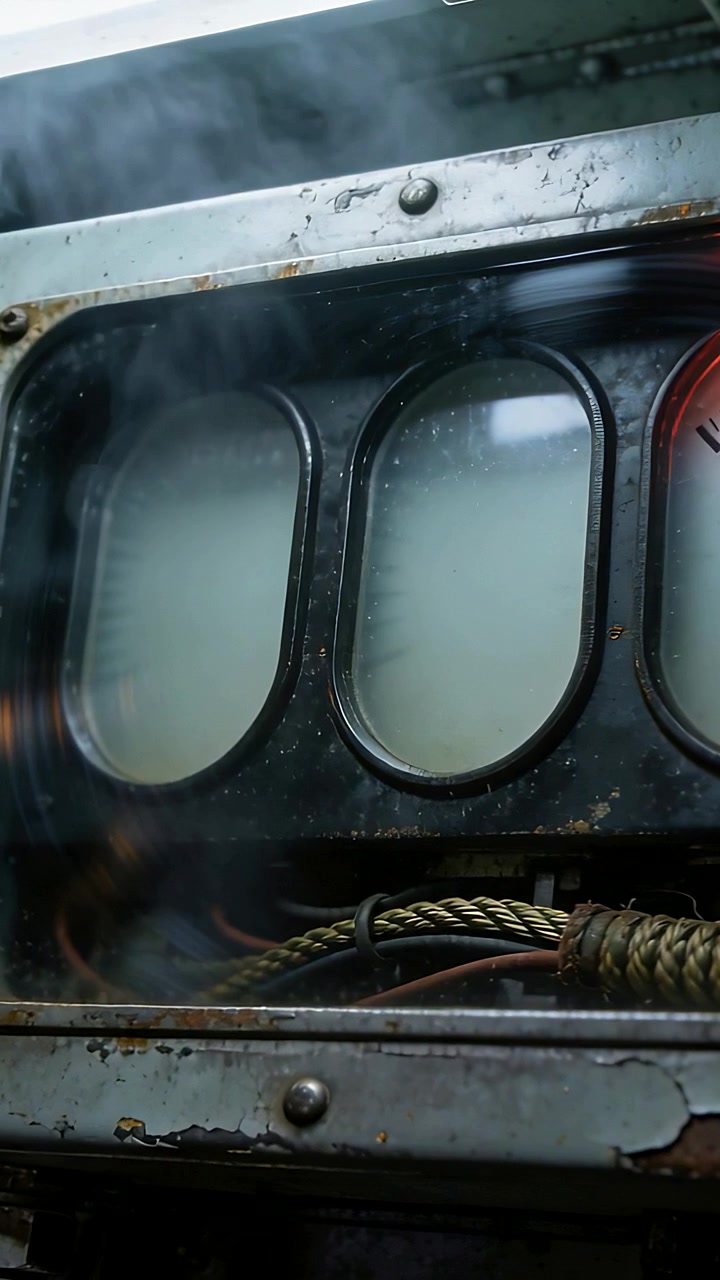 Vertical video: Emitting steam, worn gauge panel fogging 3 oval panes during startup, braided cable