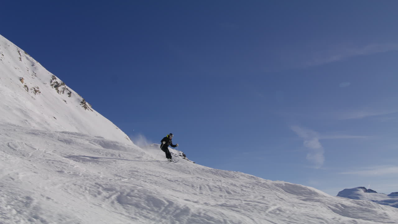 Skiing in Zermatt under the Matterhorn during a blue bird day and perfect slopes. High performance carving on skis.