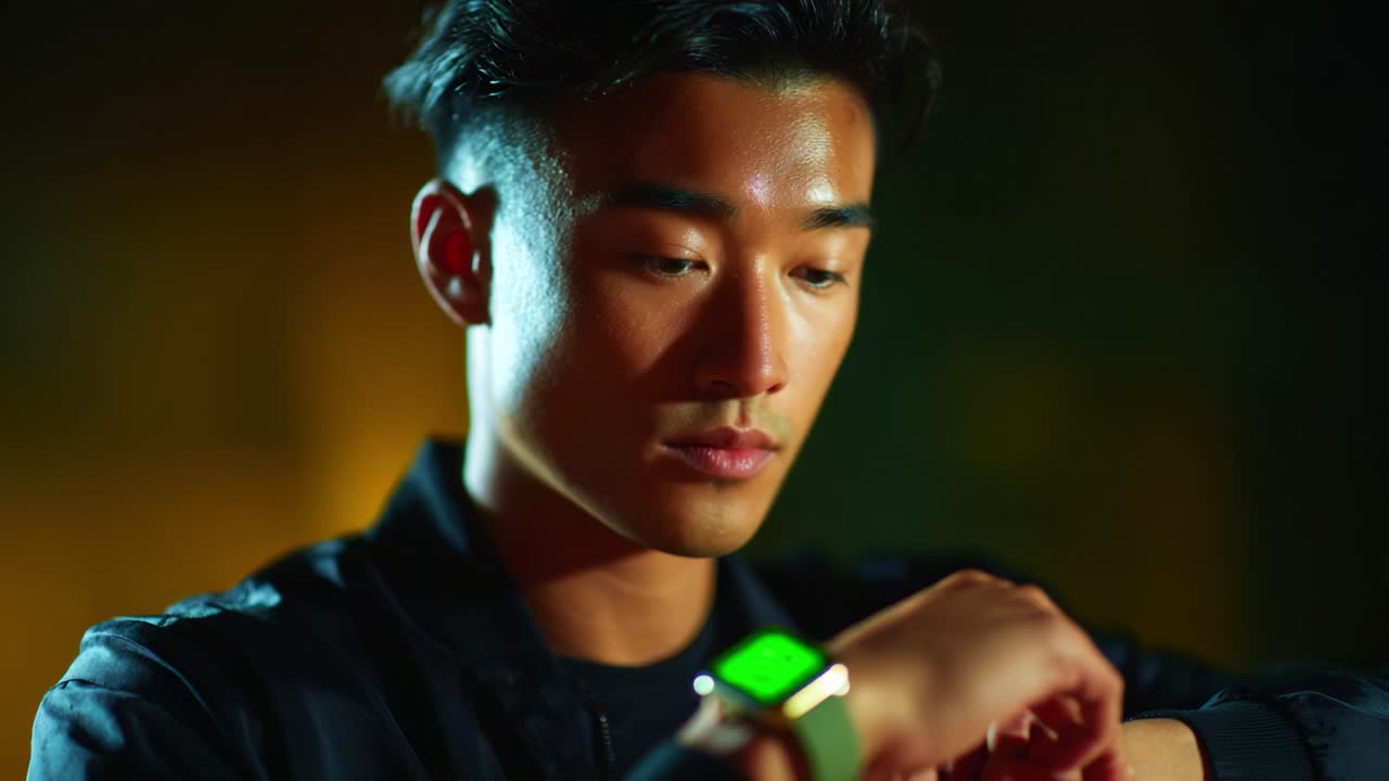 Focused Individual Checking Smartwatch in Dim Light, Highlighting Modern Wearable Technology for Personal Time Management and Fitness Tracking, Showcasing a Blend of Style and Functionality