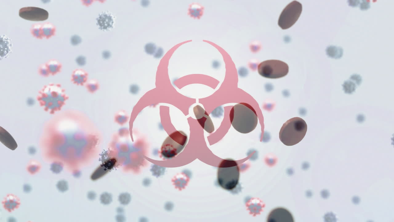 생물 위험 기호와 떨어지는 알약 위에 떠다니는 거대 코로나19 세포의 애니메이션