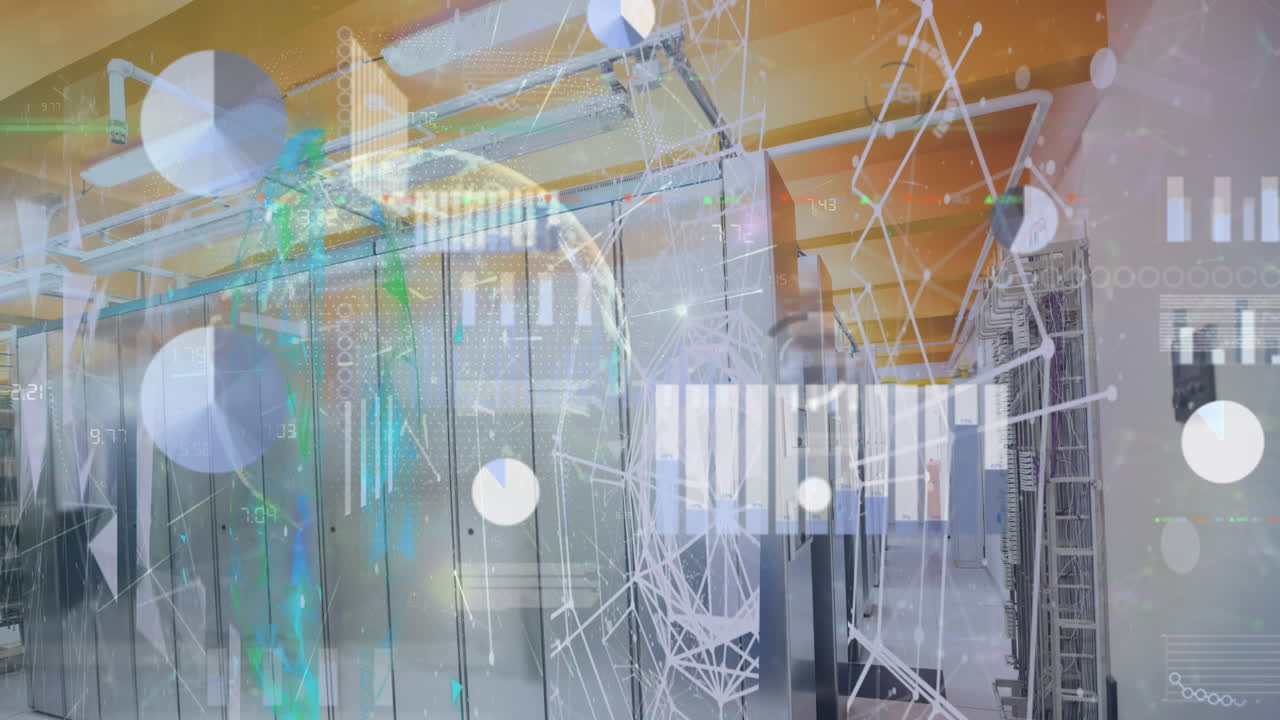 animación de gráficos de barras y gráficos de pasteles que hacen zoom con el globo giratorio sobre el servidor de computadora