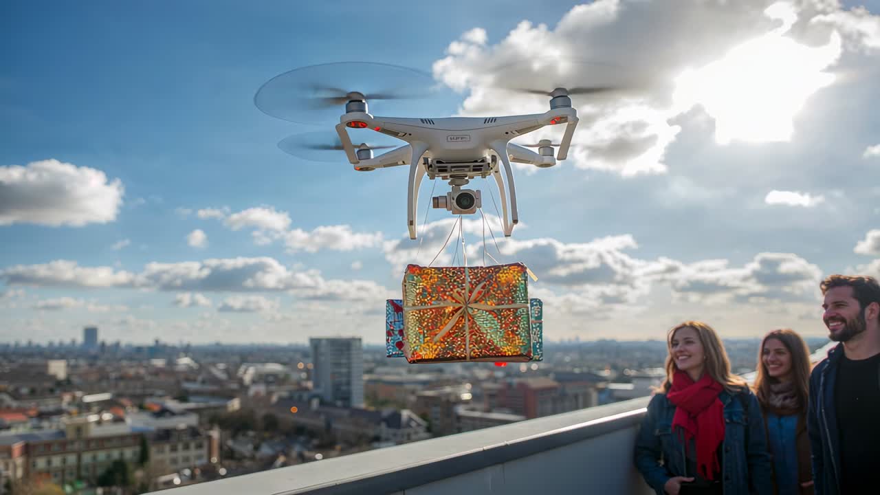 Spinning rotors lifting drone carrying gift box above roof, friends with red scarf watching demo