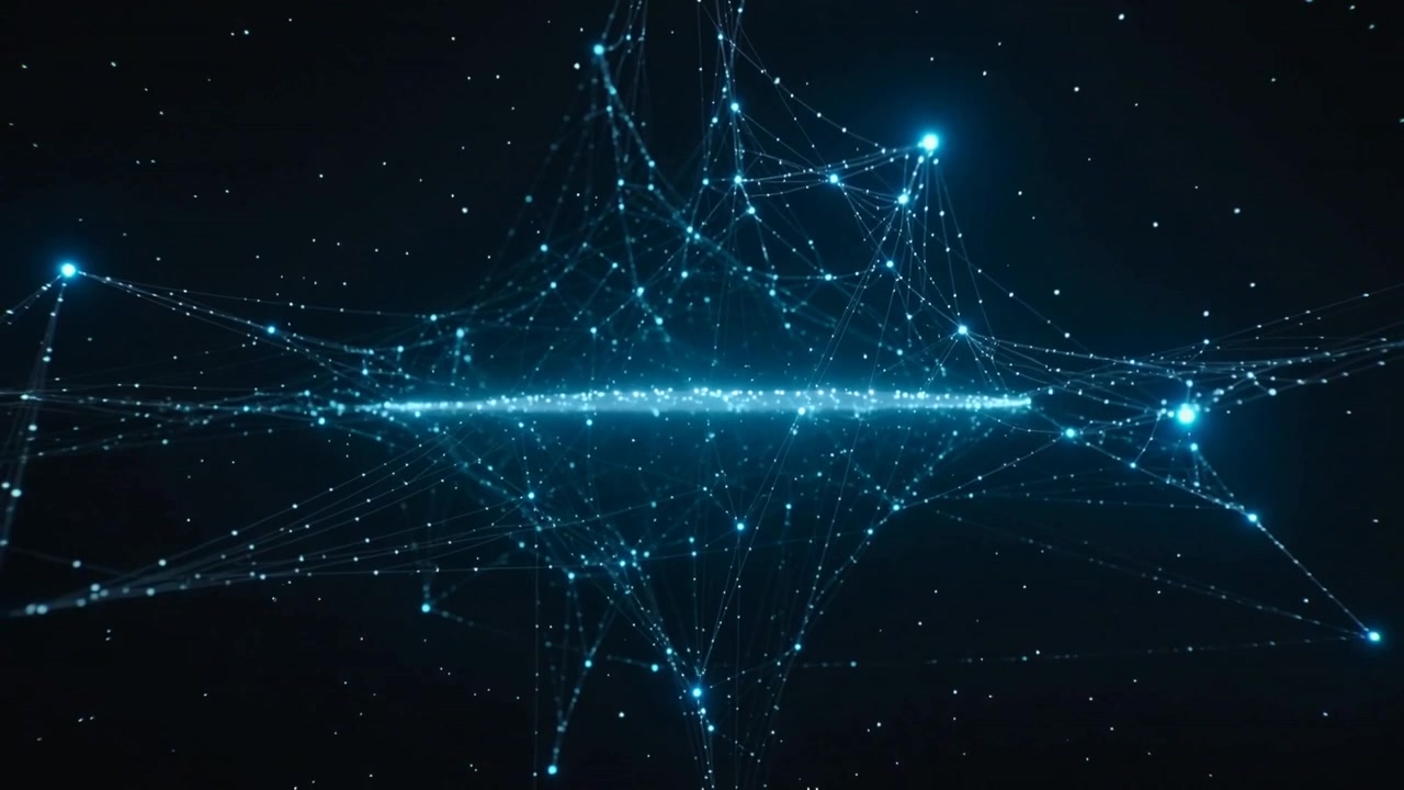 Rede central de partículas em transformação expandindo após uma faixa central clarear no espaço, nós pulsando.