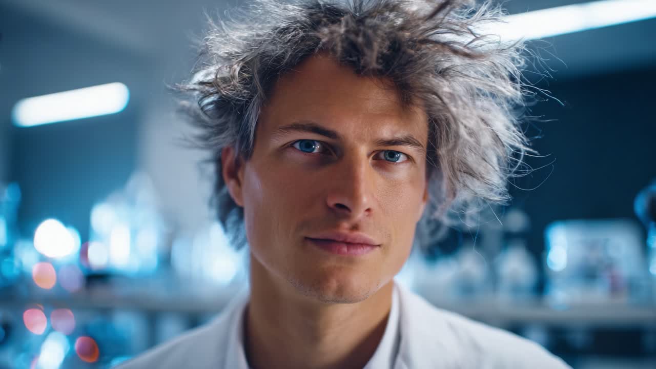 Um cientista com cabelos desgrenhados sorri e olha confiantemente para a câmera em um laboratório moderno cheio de vidrarias e equipamentos científicos