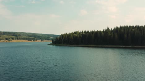 low level aerial view of scenic lake landscape lined by green forests, on sunny summer days