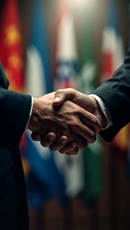 international handshake with flags in background