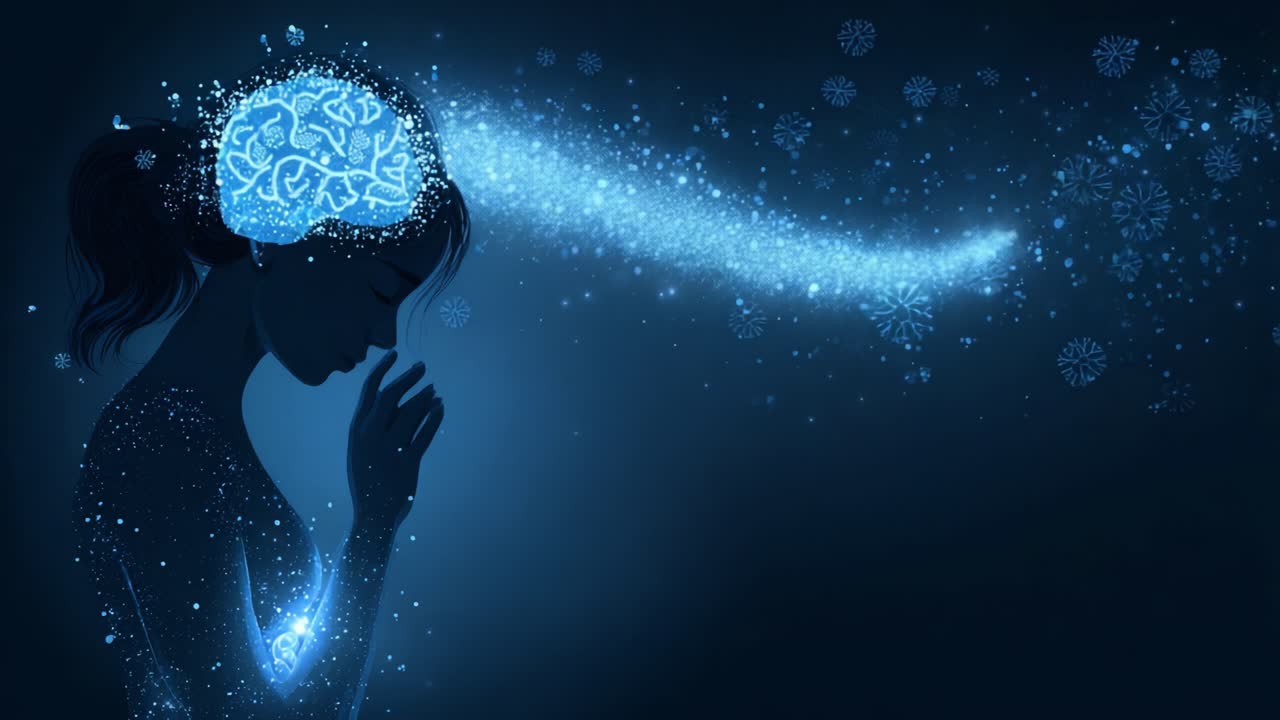 Un viaggio contemplativo attraverso la mente interiore: esplorando la connessione mistica tra coscienza e universo in uno spazio etereo blu.