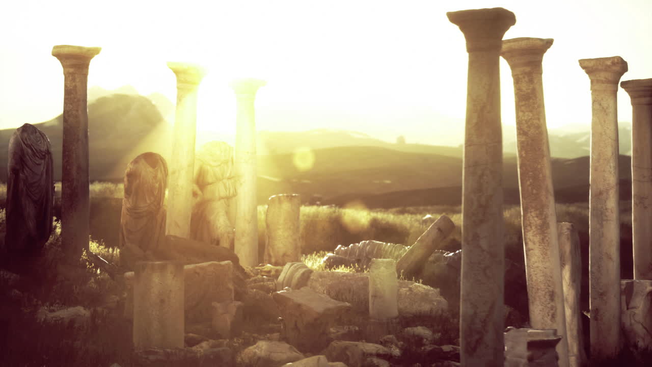 Sunset over ancient ruins with weathered columns and historical sculptures