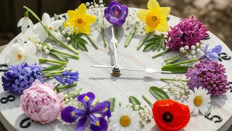 a beautiful floral clock art displaying nature's colors through vibrant seasonal flowers, symbolizing time passing and the beauty of each moment