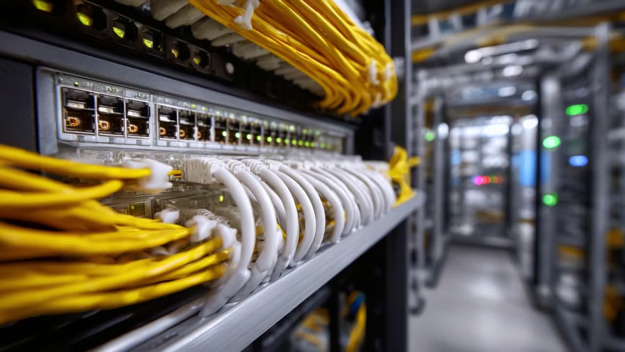 High-Resolution Close-Up of Network Cables and Switches in a Data Center Highlighting Connectivity, Organization, and Technology Infrastructure for Efficient Communication