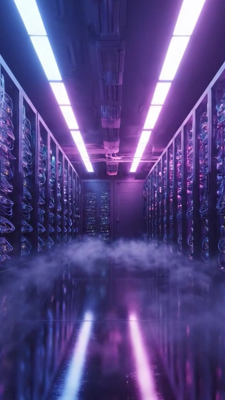 Una vista mozzafiato all'interno di una moderna sala server illuminata da luci al neon, che mostra file di rack server, cavi e nebbia eterea per un'atmosfera futuristica