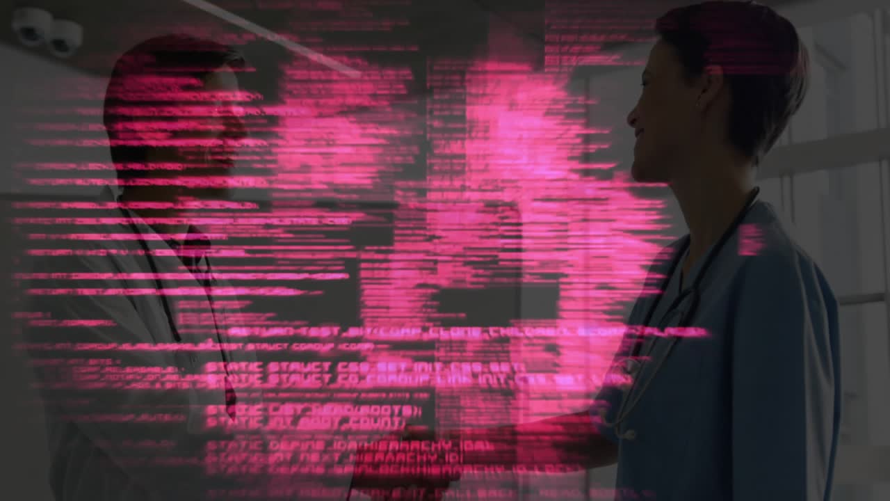 Doctor initiating greeting handshake with nurse at hospital corridor showing pink code overlay