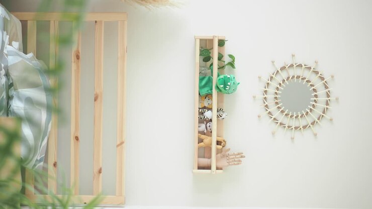 Minimalist Nursery Wall Decor with Wooden Shelf and Rattan Mirror