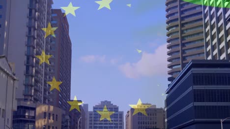 Animación-De-La-Bandera-De-La-Unión-Europea-Ondeando-Sobre-El-Paisaje-Urbano.