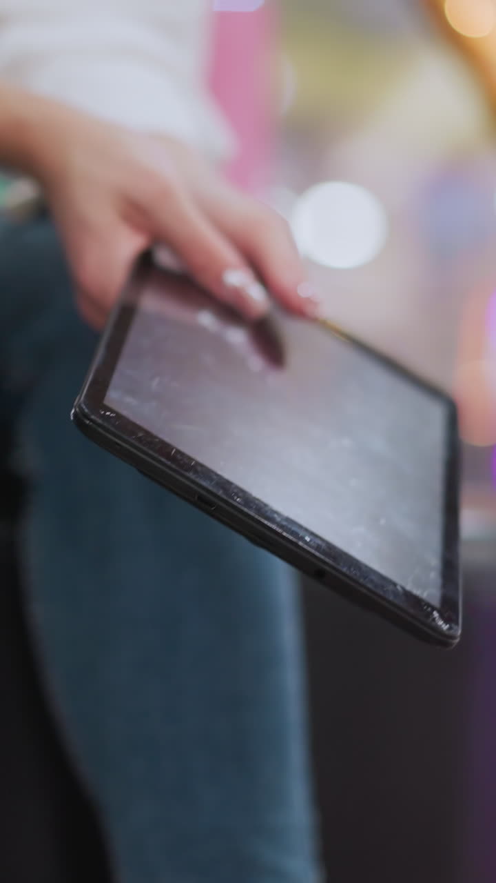 primer plano de una mujer sosteniendo y moviendo suavemente una tableta, centrándose en la interacción casual con la tecnología, la composición elegante destaca el traje de denim, zapatillas de deporte, con iluminación de fondo suave y reflejos