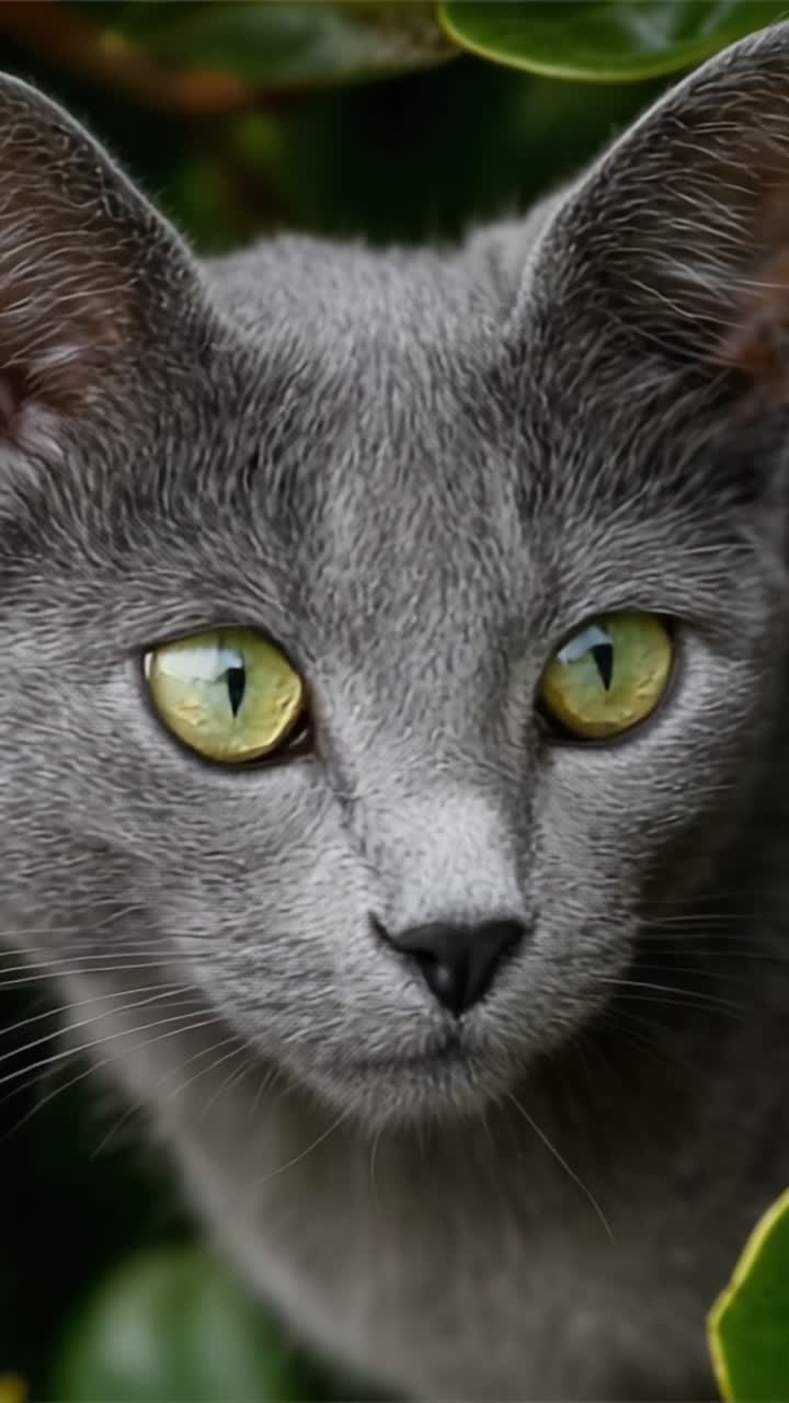 Primo Piano Incantevole di un Gatto Grigio con Occhi Gialli Sorprendenti Nascosto tra il Verde, che Mostra le Sue Caratteristiche Uniche e lo Sguardo Espressivo