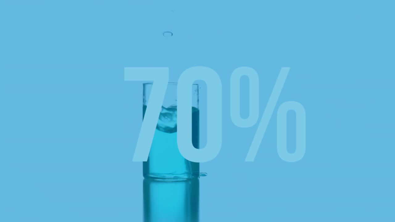 Animazione di una percentuale che cresce sopra un becher da laboratorio su sfondo blu