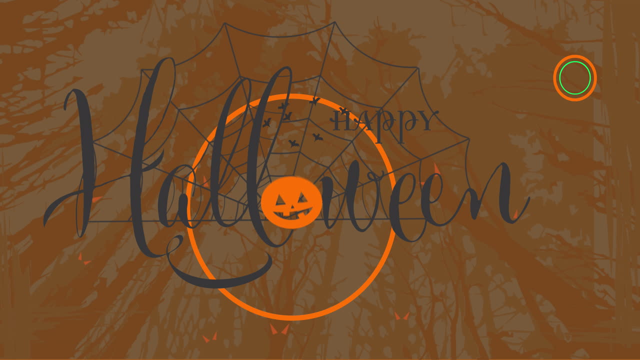 Animation of happy halloween text over forest