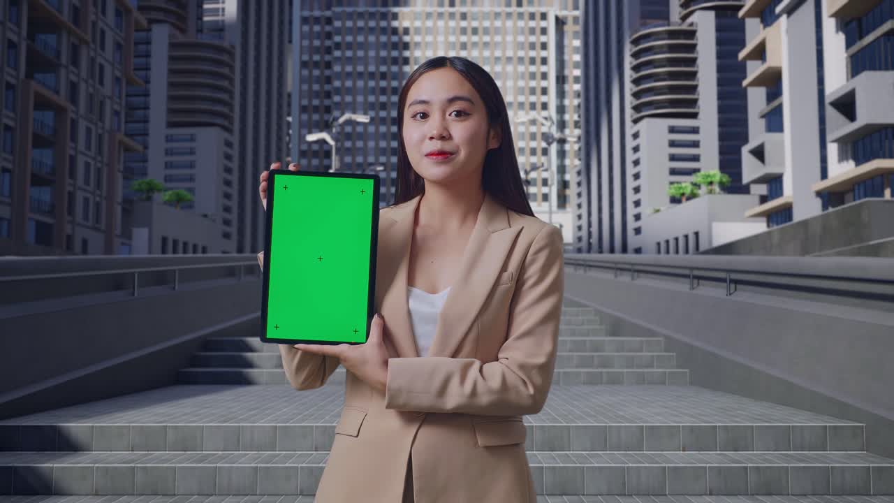 도시 거리에서 태블릿 녹색 화면을 보여주는 아시아 사업가