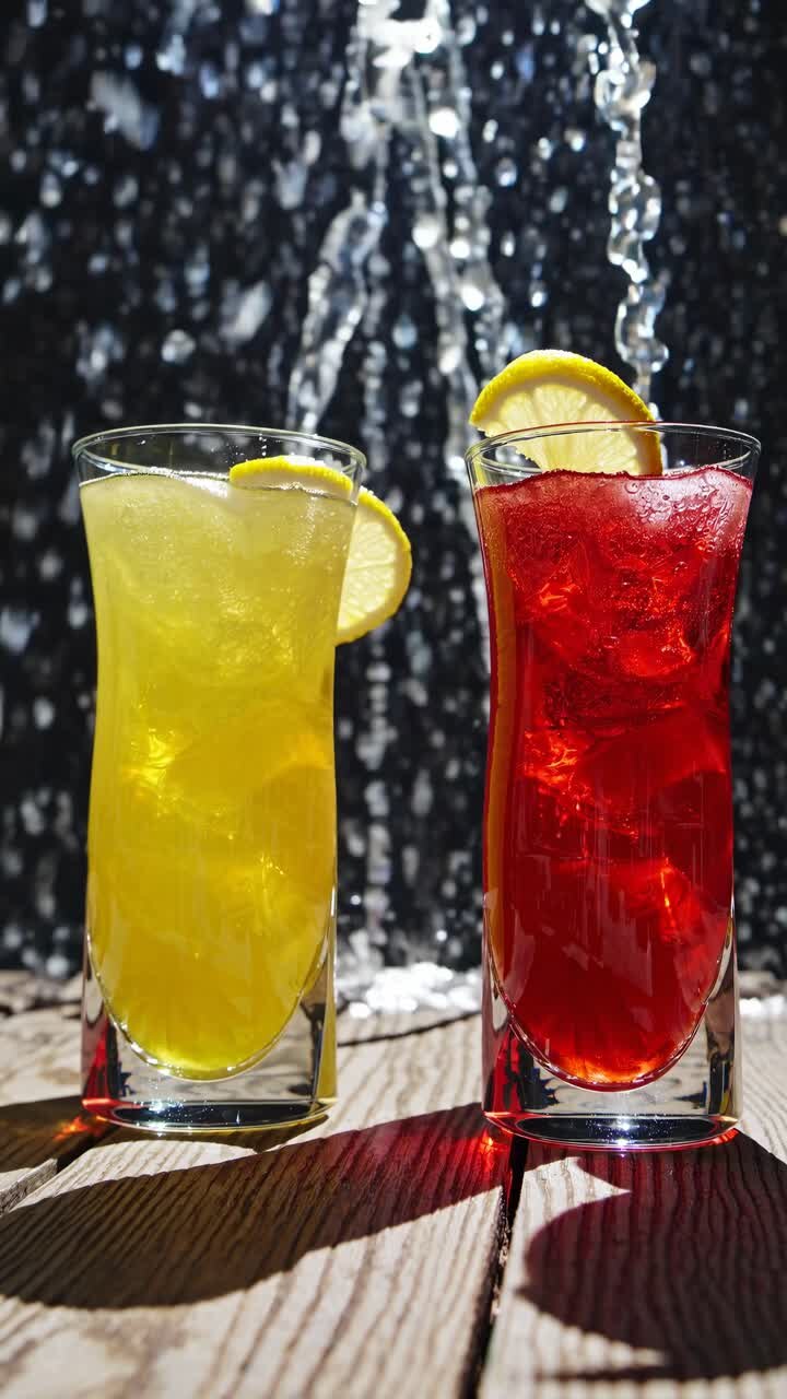 Low-angle shot of vibrant yellow and red cocktails with lemon slices, set against a dynamic water