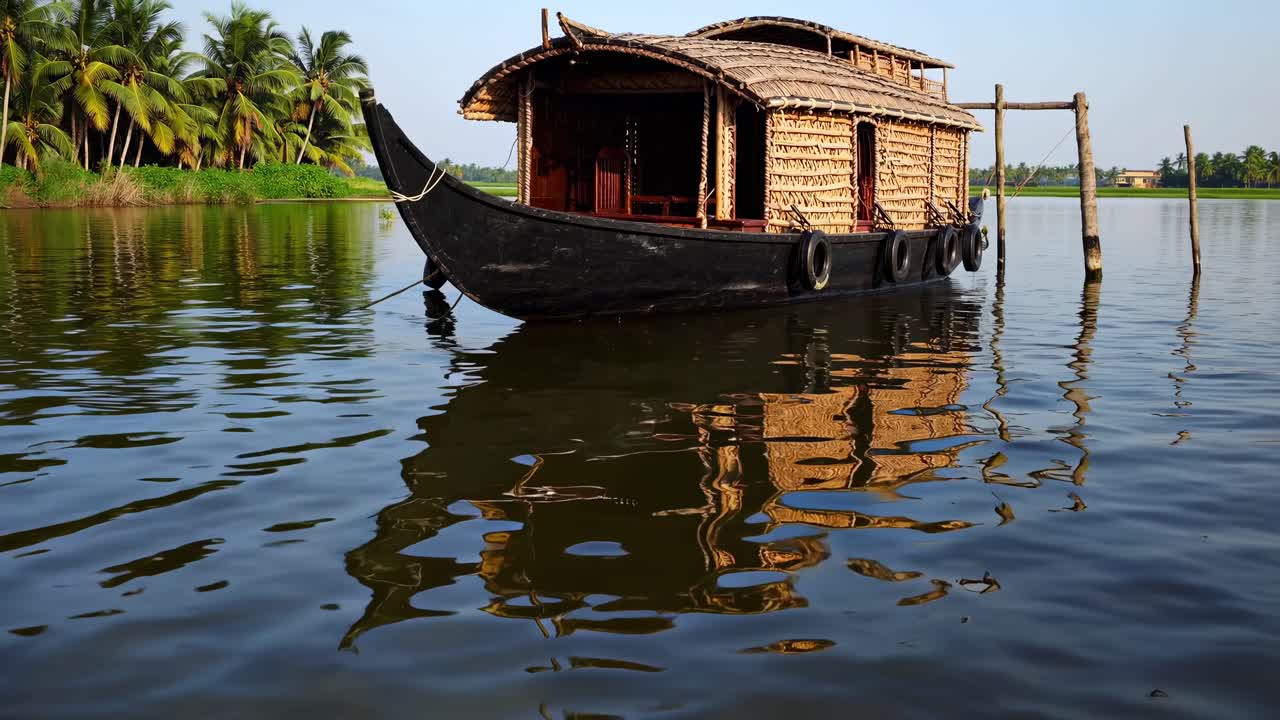 Traditional Kerala houseboat floating on tranquil backwaters, mirroring surrounding palm fringed landscape with soft water reflection highlighting scenic tropical environment