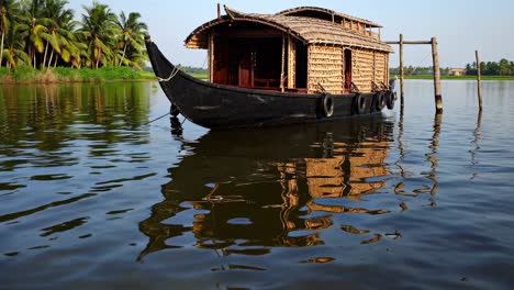 traditional kerala houseboat floating on tranquil backwaters, mirroring surrounding palm fringed landscape with soft water reflection highlighting scenic tropical environment