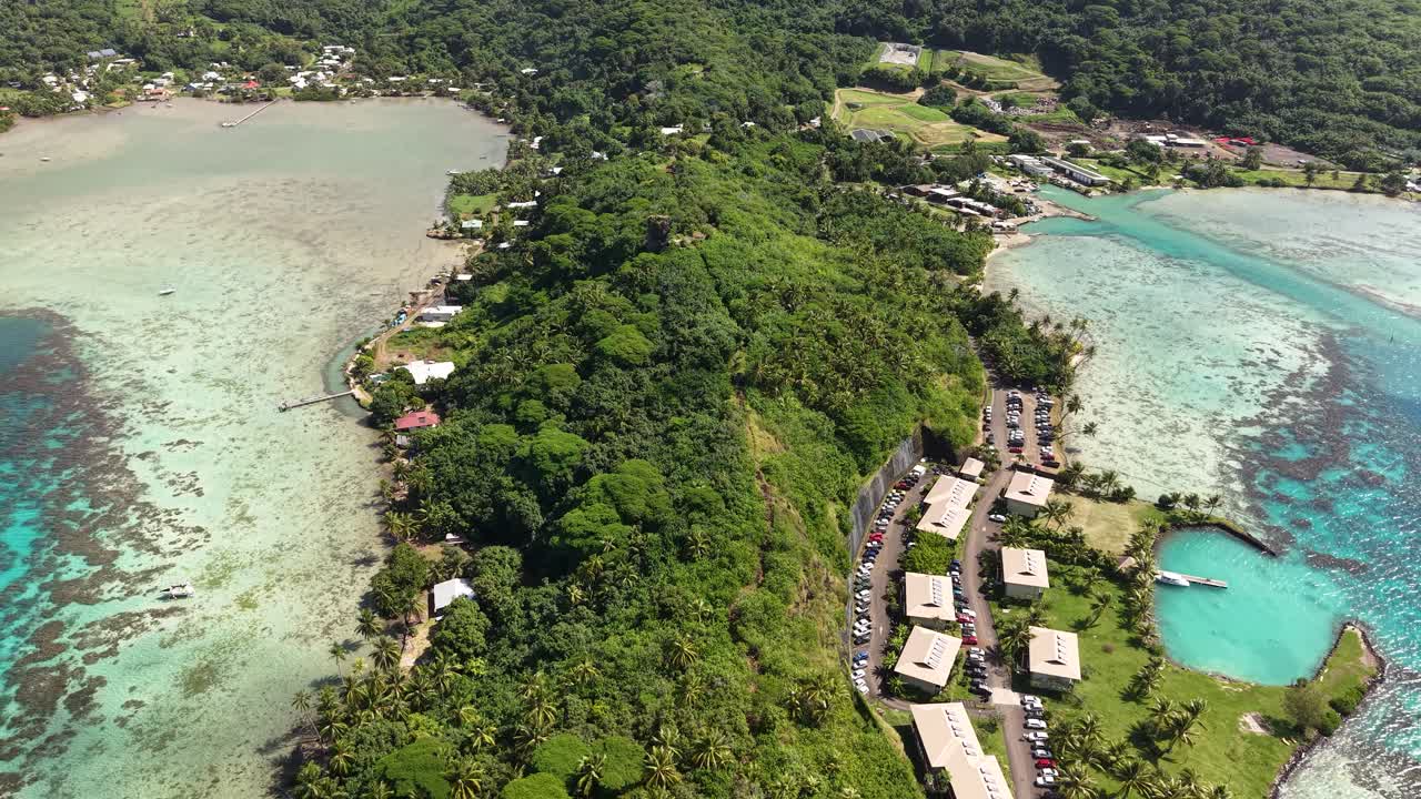 Bora Bora French Polynesia, Drone Shot of Coastal Buildings, Road, Coral Reefs and Landscape