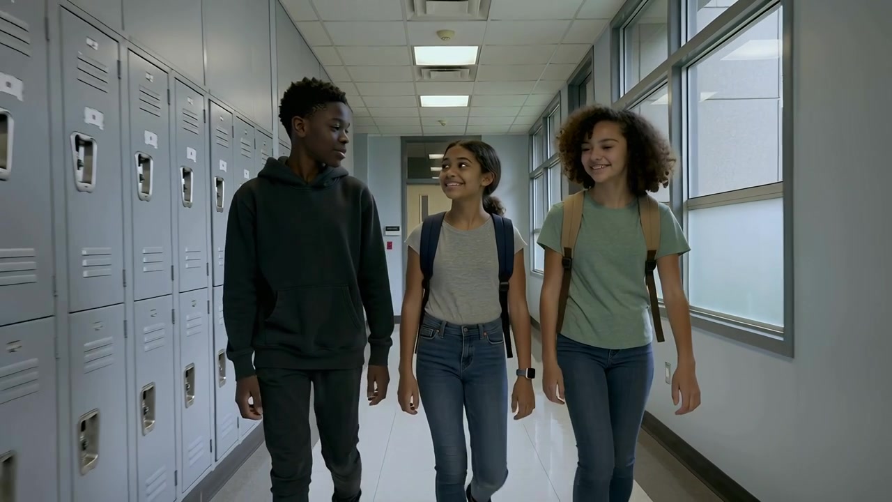 Stepping forward three teens smiling and chatting in school corridor, with backpacks hoodie