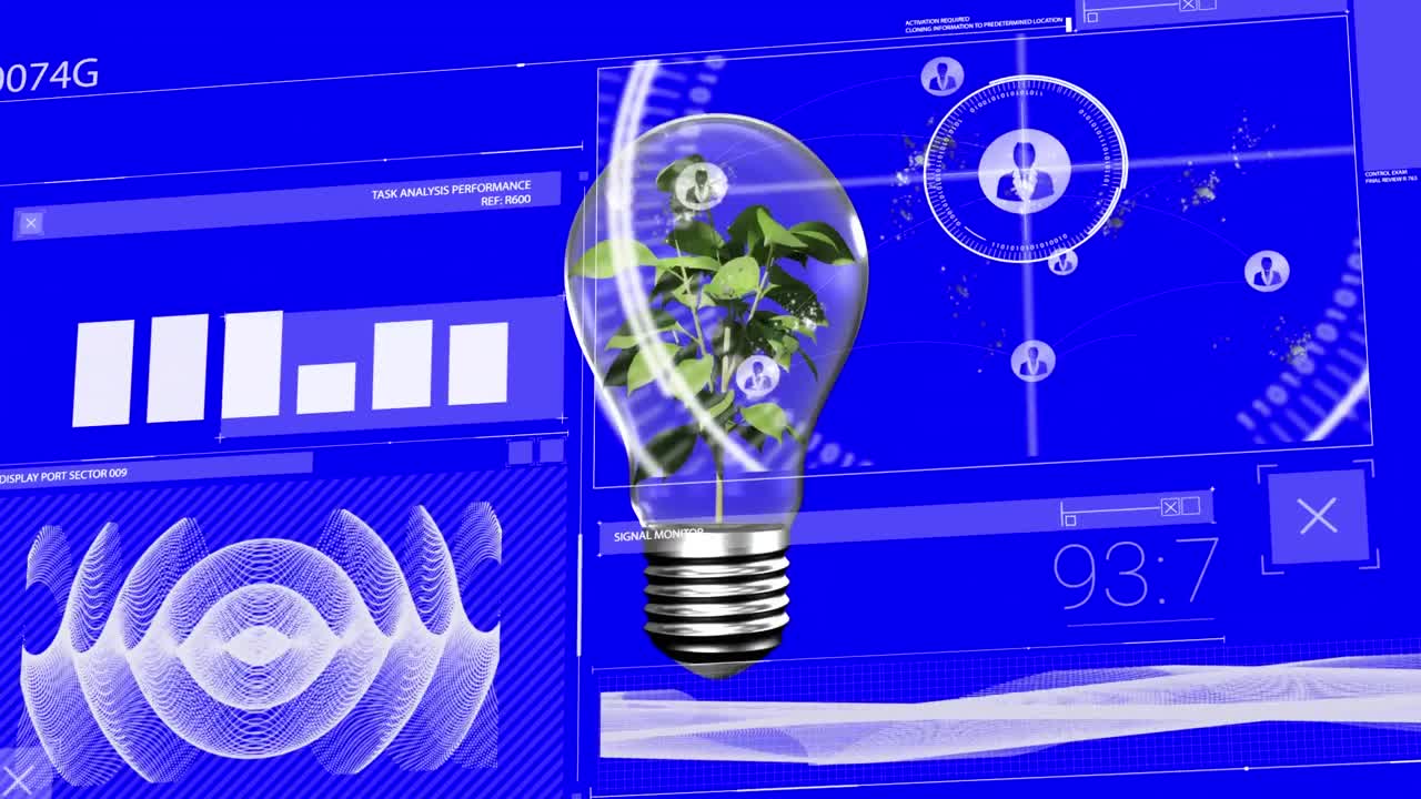 Animation of data processing over lightbulb with plant on blue background