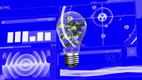 Animation-Der-Datenverarbeitung-über-Einer-Glühbirne-Mit-Pflanze-Auf-Blauem-Hintergrund