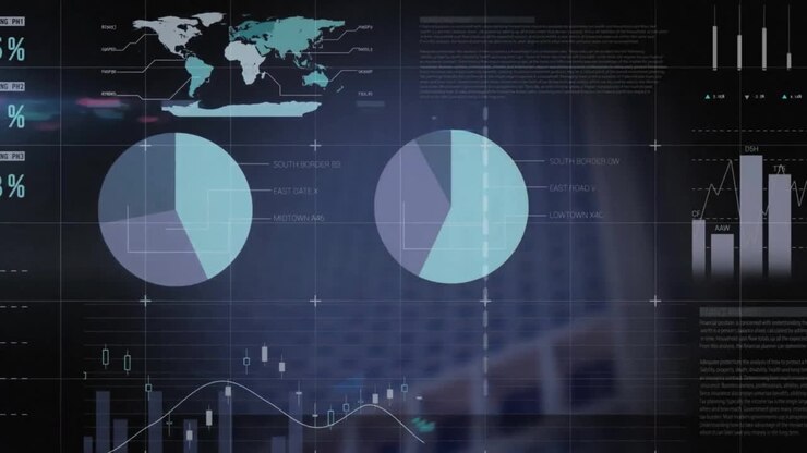 Animation of infographic interface over low angle view of modern building against sky