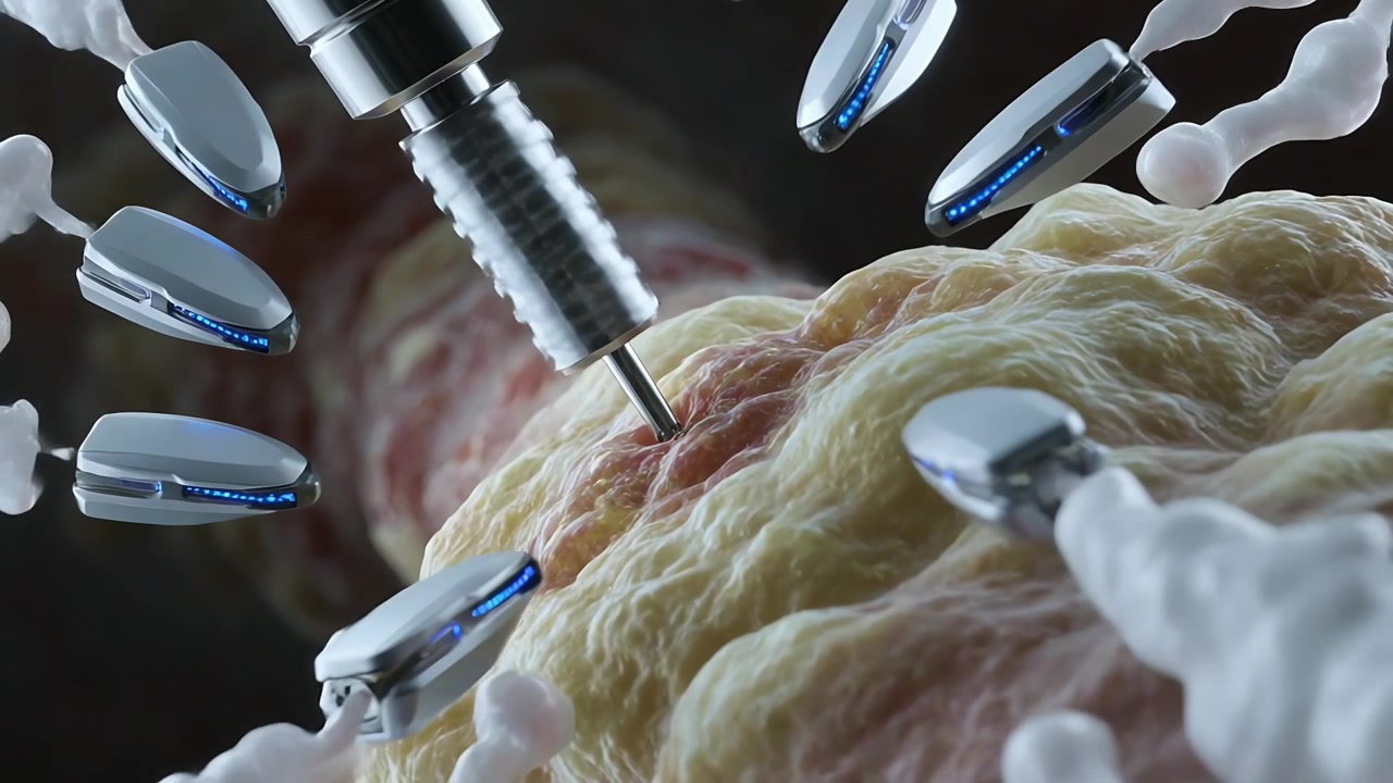 Probing yellow nodule in canal, probe piercing lesion while capsule robots forming ring to treat