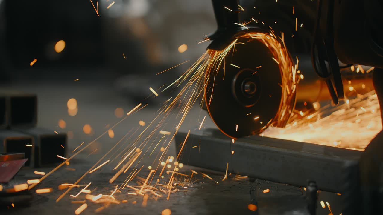рабочий режет металлический профиль с помощью мельницы в замедленном движении с летящим потоком искр, металлообработка в кузнечной мастерской, 4k 60p prores hq