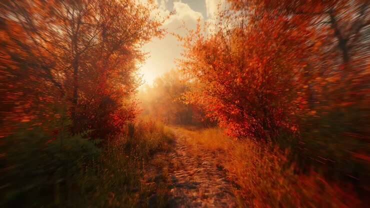 Gliding camera revealing rocky path in rising sun, capturing silhouette walking amid autumn foliage
