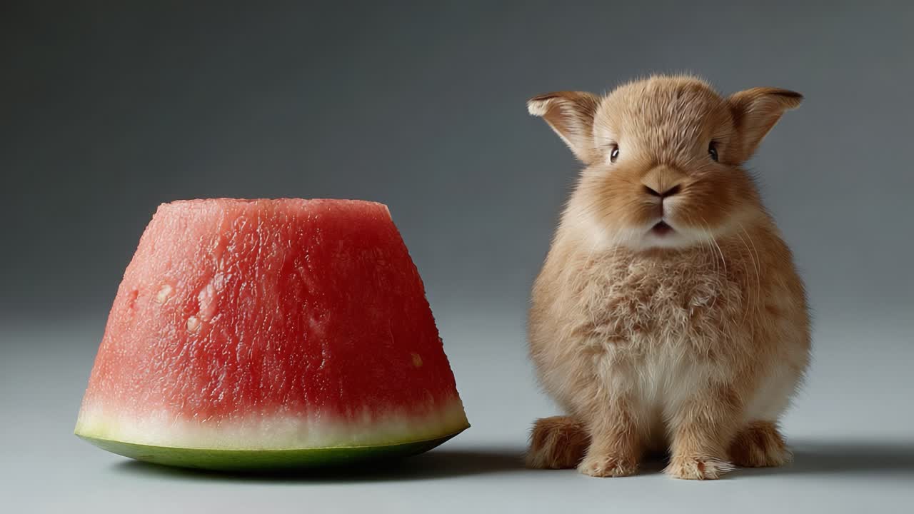 A Cute Rabbit Curiously Observing a Watermelon Slice, Capturing an Endearing Moment Between Adorable Creature and Delicious Fruit