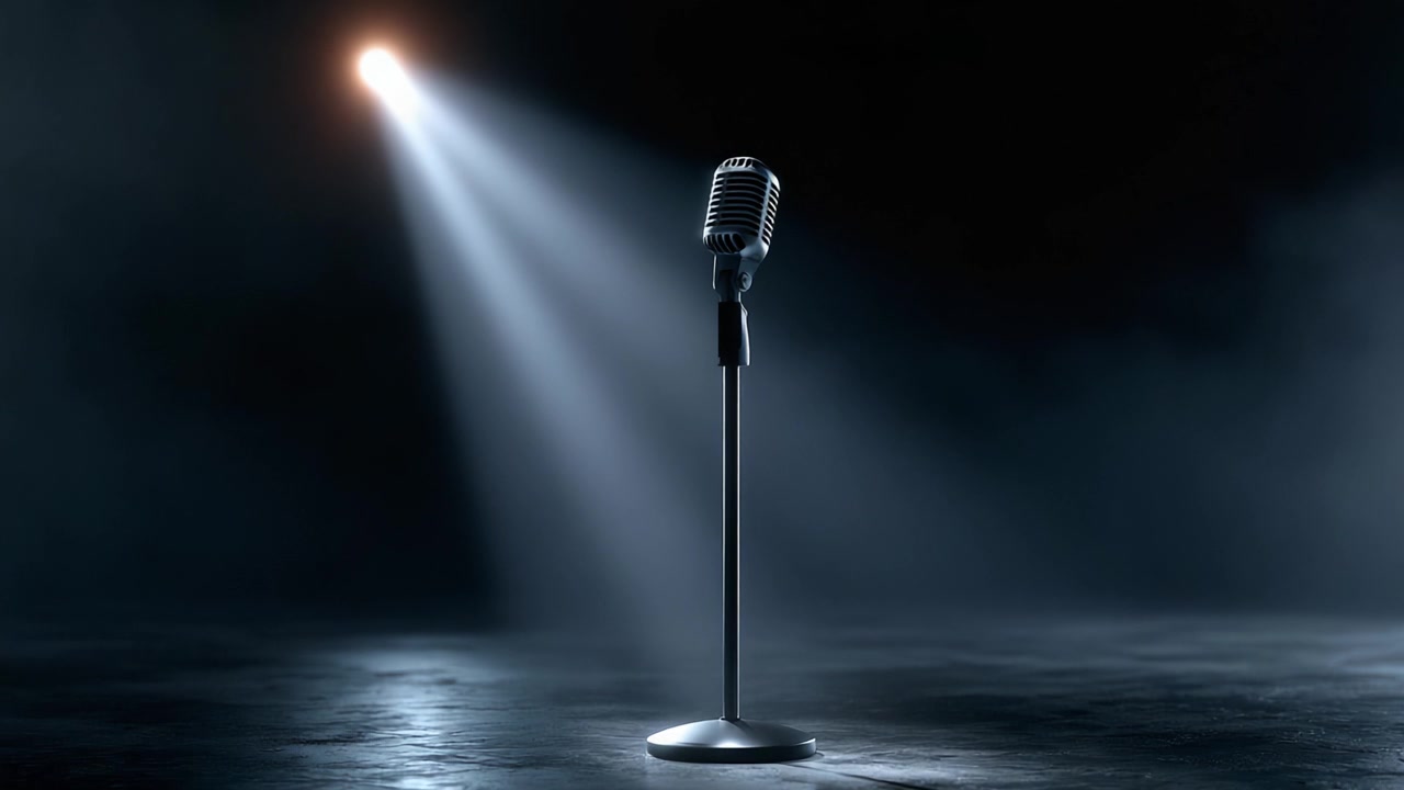 Un microfono in stile vintage si erge solitario su un palco scuro, illuminato da un morbido riflettore, creando un'atmosfera accattivante che ricorda le esibizioni dal vivo.