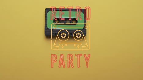 animation of retro party text over tape on yellow background