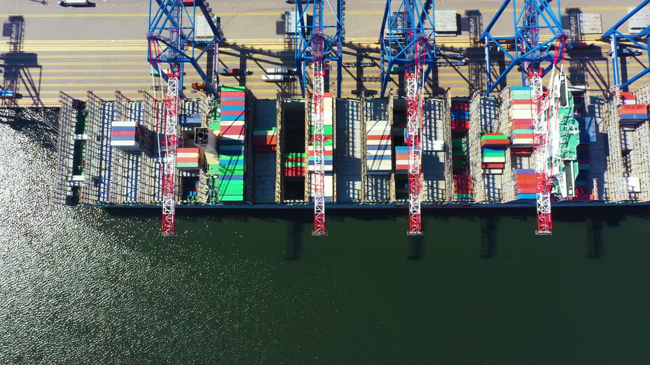 Container ship in import export and business logistic, By crane, Trade Port, Shipping cargo to harbor, Aerial view from drone, International transportation, Business logistics concept