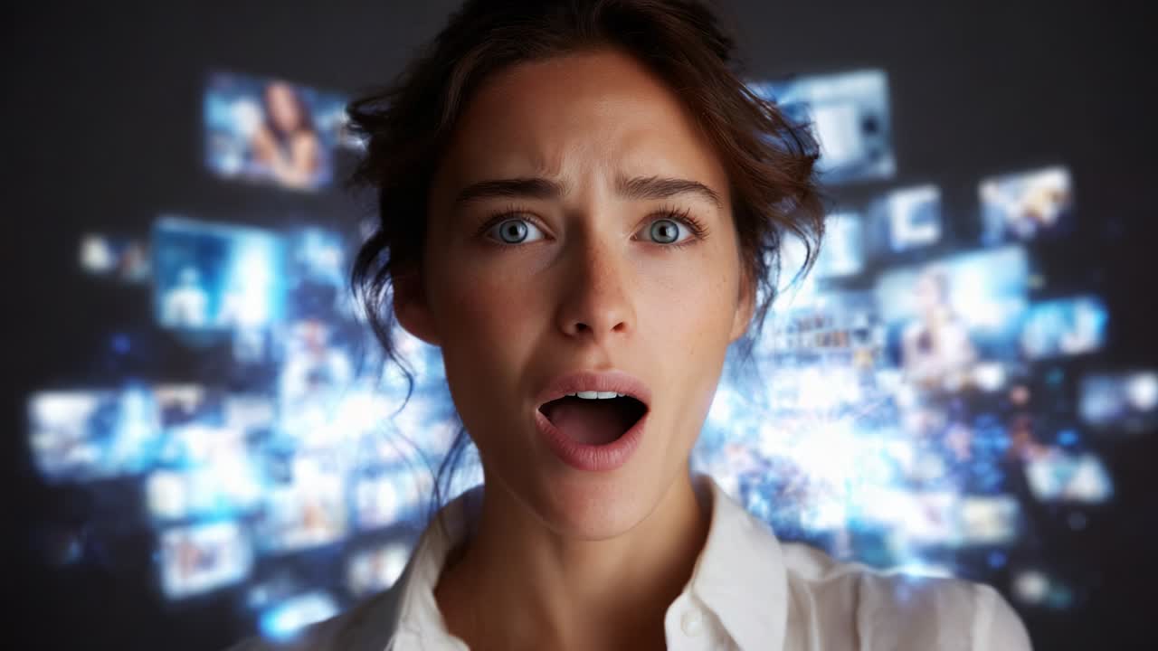 Astonished Woman Reacts to Overwhelming Digital Content Overload, Surrounded by Screens Displaying Various Videos, Creating a Sense of Shock and Bewilderment Over Modern Media Consumption
