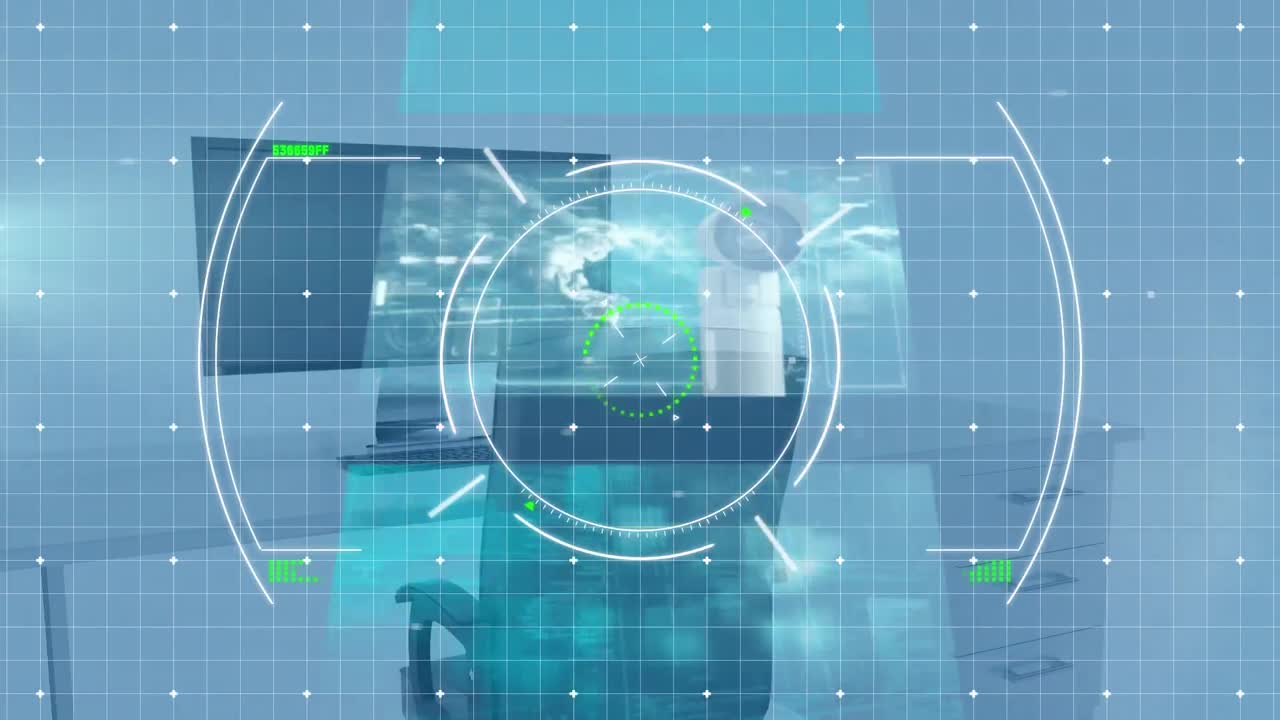 animación del procesamiento de datos y escaneo de ámbitos sobre la oficina vacía