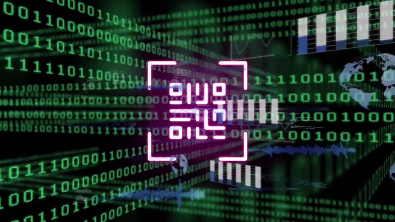 Animation of data processing and qr code over binary coding