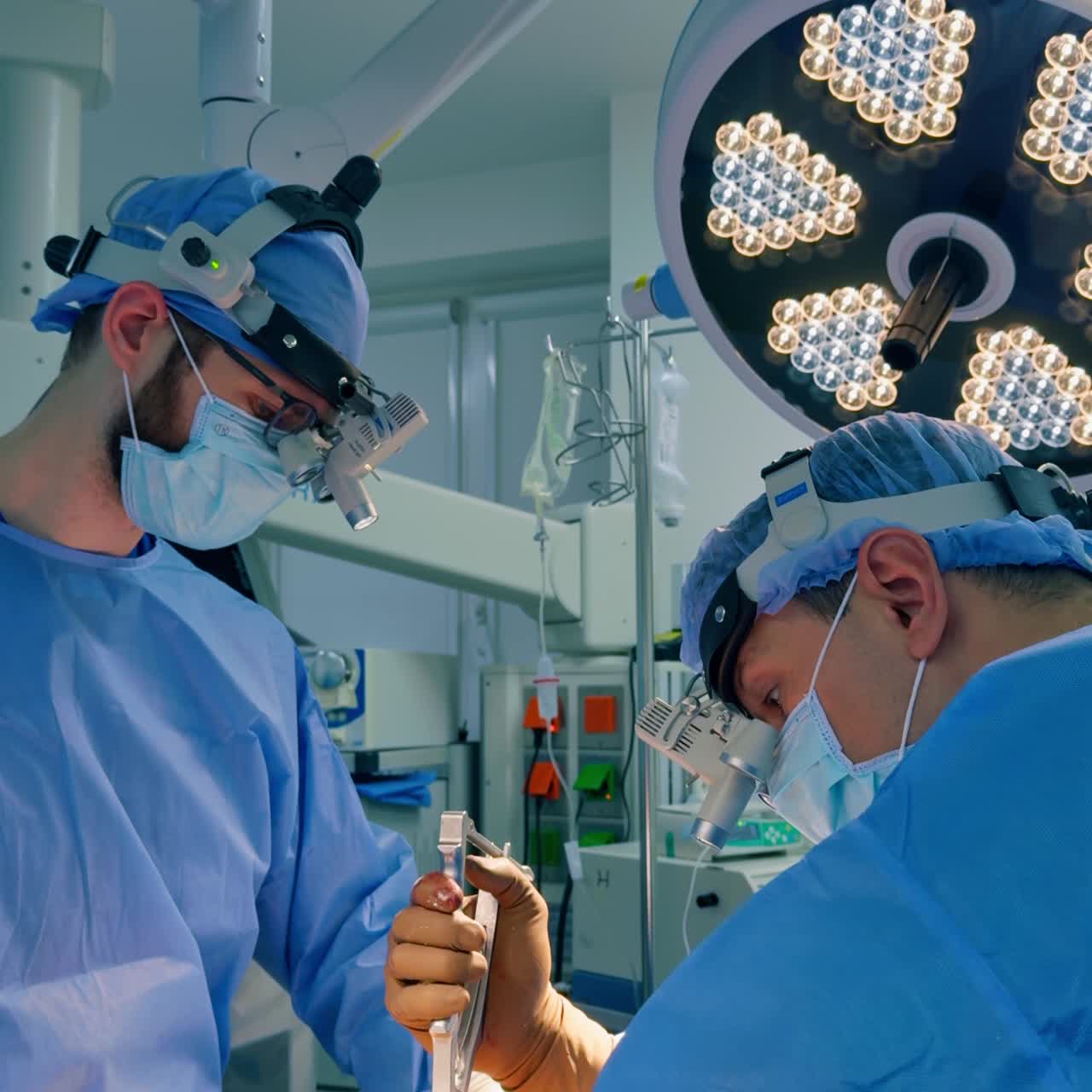 Operating neurosurgeon holding metal surgical instrument applying it in operation. Assisting doctor supports the tool. Vertical screen