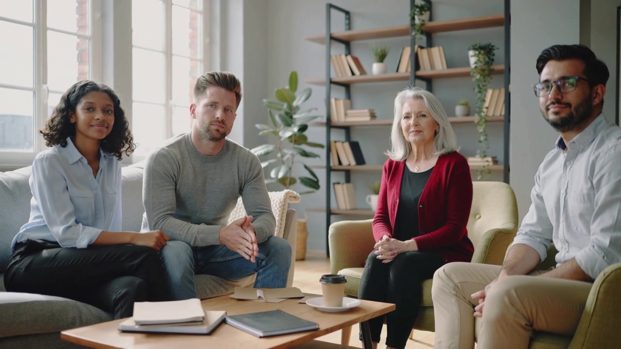 Siddende team på fire i arbejdstøj, der har øjenkontakt; møde starter i lounge med notesbøger.