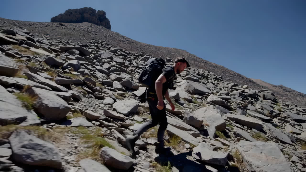 Man Hiking Up a Steep Rocky Mountain Trail