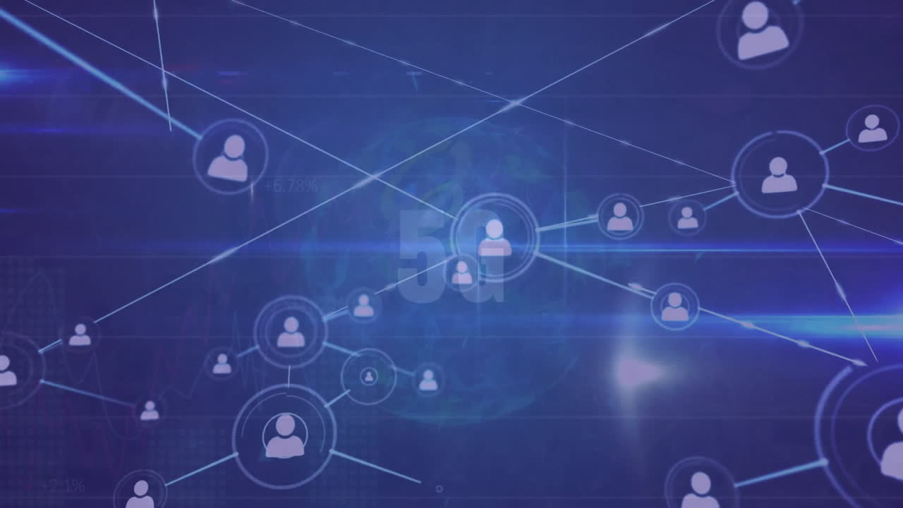 animación de la red de conexiones con iconos más de 5g en fondo negro