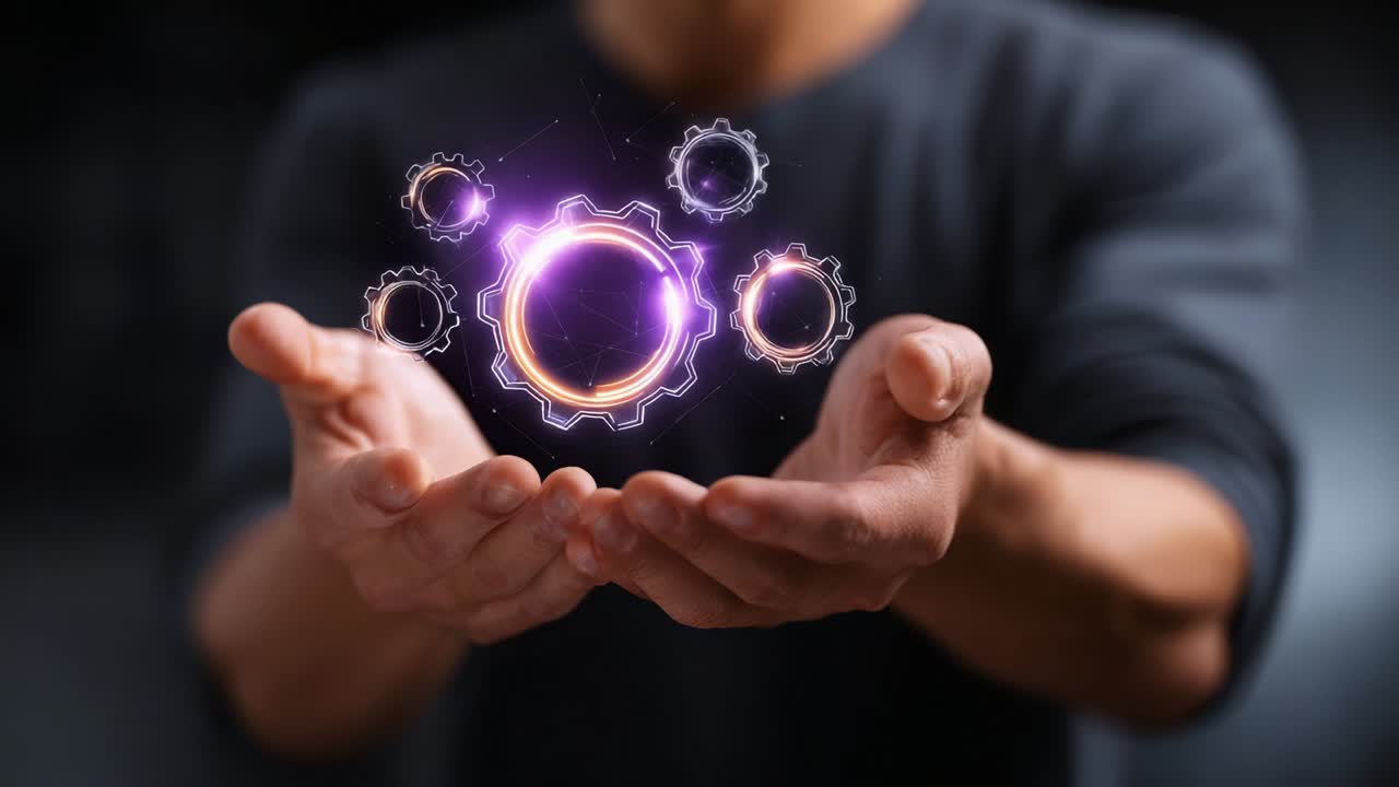 A Person Presents Glowing Gears in Hands Symbolizing Innovation, Technology, and Progress. The Dynamic Visuals Represent Concepts of Engineering, Mechanics, and Efficiency in a Modern Context