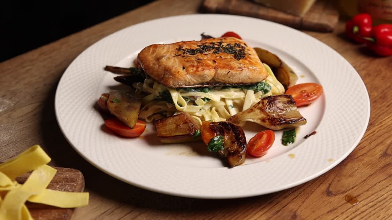 Piatto gourmet con salmone alla griglia, pasta e verdure arrostite
