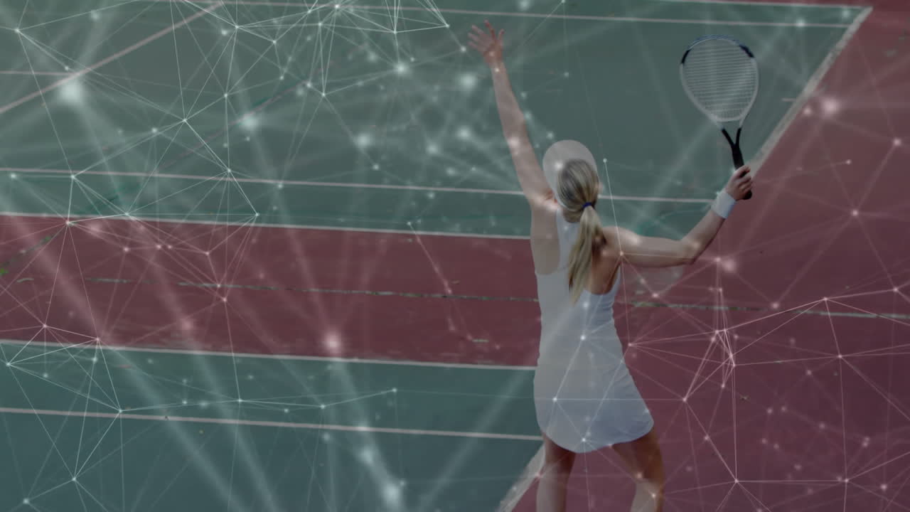 female tennis player serving on hard-court, showcasing technology network lines and glowing nodes